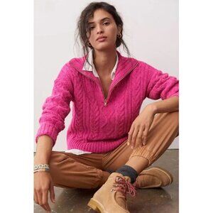 Anthropologie Payton Cable Knit Pullover Half Zip Sweater XS Fuchsia Pink